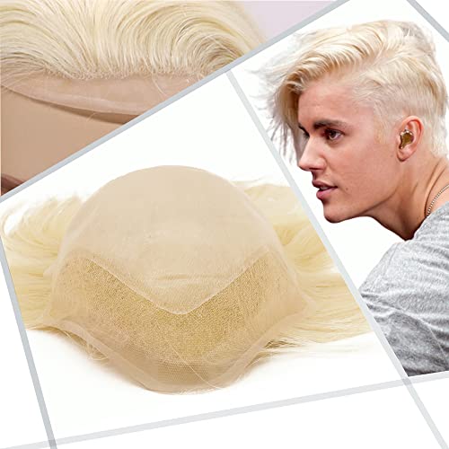 Civmo Men toupee Swiss Lace Front Natural Hairline Men Toupee with PU Skin V-looped European Human Hair Replacement System for Man Wigs 8x10 Inches Medium Density Hairpiece(#613 Platinum Blonde Color)
