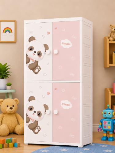 Image of Kids Plastic Collapsible Wardrobe Organizer for Storage with Drawers | Cute Cartoon Design | Heavy Duty Runner Rug Floor Mat Carpets Organizer Bedroom, Living Room (Panda, 2-Door)