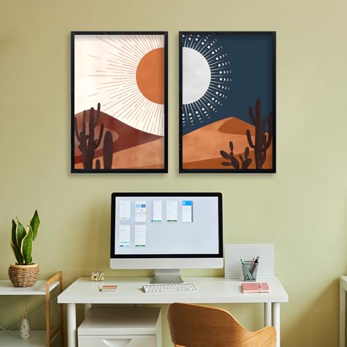 Sun and Moon Cactus Desert Landscape Wall Art Decor 24"x16" Modren Farmhouse Living Room Set of 2 Botanical Prints Wooden Framed Bedroom Boho Multicolor Minimal Wall Hanging Sign (Black) - Image 5