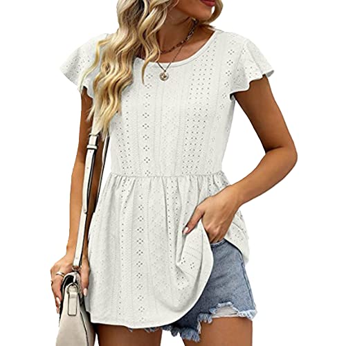 Womens Crewneck Eyelet Flowy Tshirts Casual Ruffle Sleeve Lace Crochet T-Shirt Solid Color Pleated Dressy Tops (Large,White)