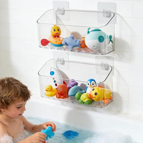 Image of Eunion Bath Toy Storage Organizer, Bathtub Toy Storage Holder, Large Capacity Wall Mounted Shower Caddy Shower Organizer, No Drill Shelves Basket, Clear White, 2 Pack