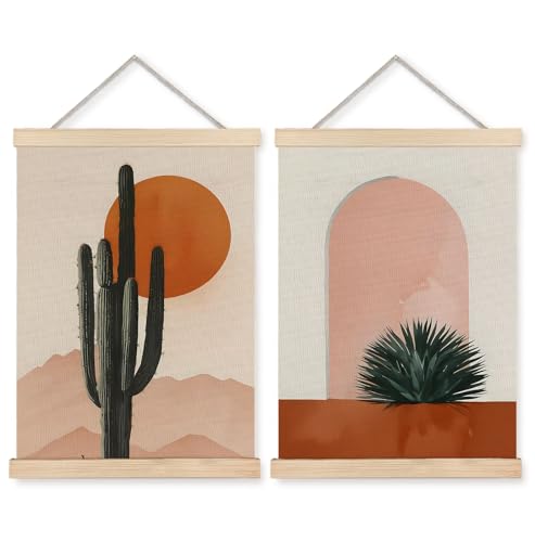 Yomisex Boho Western Cactus Desert Sun Wall Art Poster, Western Boho Home Decor, Mid Century Southwestern Nature Landscape Wall Art Framed for Home Bedroom Living Room Decor, 12x16 Inch Set of 2