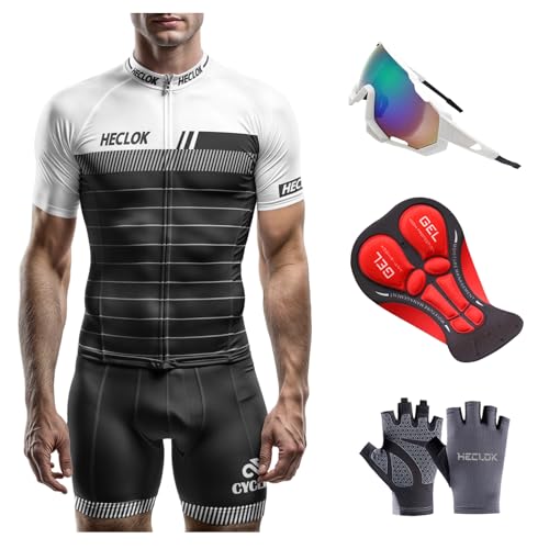 HECLOK Completo Ciclismo Uomo - Maglia Manica Corta + Pantaloncini con Fondello - Abbigliamento Bici Strada e MTB - Tessuto Traspirante e Anti-Sudore - 4 Pezzi per Estate (Set-24,l)