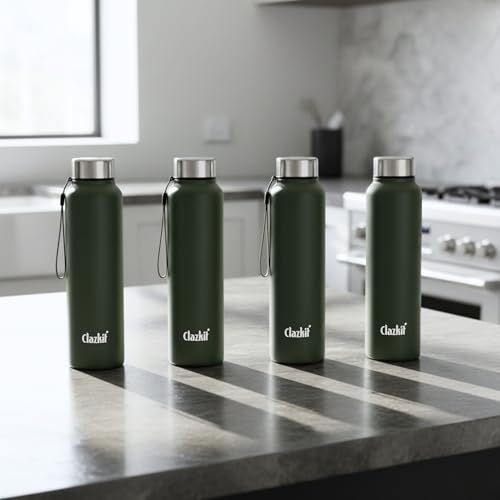 Image of Clazkit Alpha Pro Classic Stainless Steel Water Bottle Single Wall 1000ml Set of 4 | Lightweight, Leak-Proof, Reusable | Ideal for School Kid, Office, Gym & Travel | Green