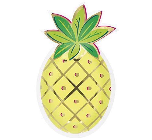 Unique 20955 Pineapple Shaped Paper Plates-Tropical Leaves Summer Party-Pack of 8, Multicolour