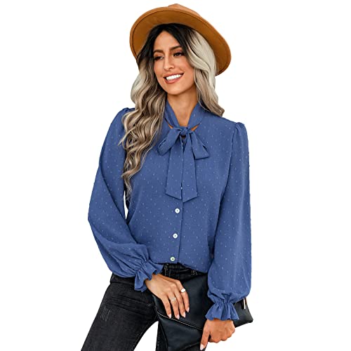 Women's Polka Dots Blouse Long Sleeve Button Down Shirt Casual Work Office Blouse Top Blue #TOP23