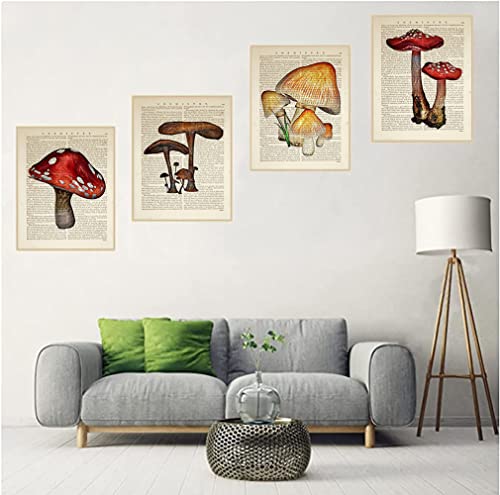 Vintage Mushroom Poster Set ,Vintage Mushroom Posters,Retro Aesthetic Poster,Mushroom Wall Decor, Mushroom Wall Decor,Kindergarten Classroom Poster Wall Decor ,Retro Cottagecore Wall Decor Paintings For Bathroom Bedroom ,Set Of 4 (Unframed 8X10 Inch) #TOP4