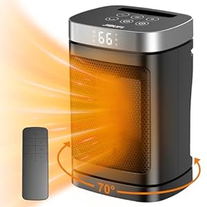 Small Portable Space Heater for Indoor Use – with 70°Rotating Feature, JIBUFI 1500W PTC Electric Heater, Rapid and Safe Heating, Remote Control, 1-12 Hr Timer for Bedroom, Office, ent.