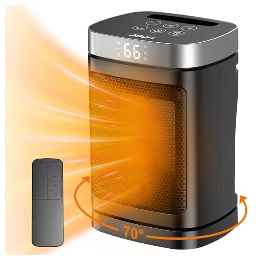 Small Portable Space Heater for Indoor Use - with 70°Rotating Feature, JIBUFI 1500W PTC Electric Heater, Rapid and Safe Heating, Remote Control, 1-12 Hr Timer for Bedroom, Office