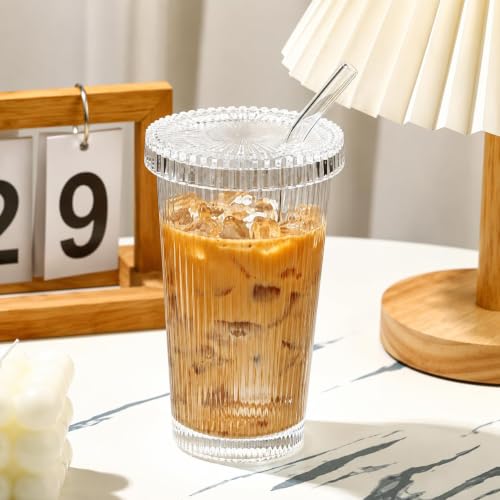 Image of Glass Tumbler with Lid and Straw - 380ml, Set of 1, Clear Ribbed Iced Coffee Cup,Vintage Drinking Jar Glasses,Fluted Glassware for Juice Smoothie Water Milk Soda