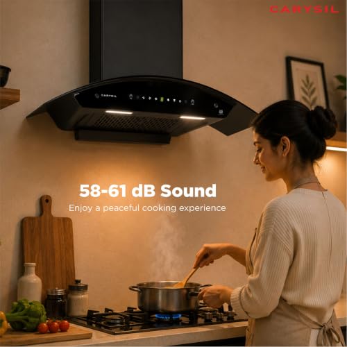 Image of Carysil Curvantis 90 cm Kitchen Chimney, Curved Shape, 1500 m /hr Suction, Auto-Clean Filterless, 3-Speed Touch & Gesture Control, LED Lamp, 10-Year Warranty - Black