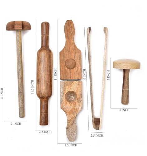 Image of Wooden Kitchen Tool Set for Cooking, Including Belan, Mathni, Dutta, Chimta, Lemon Press, Eco-Friendly Kitchenware Utensils, Durable & Easy to Clean