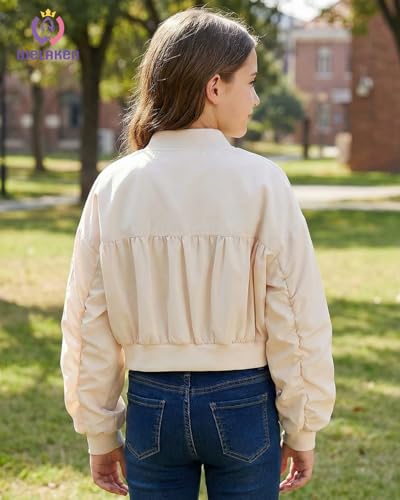 Image of WELAKEN Lightweight Multiple Pockets Zip Up Bomber Jacket for Girls Toddler & Kids II Little Girl's Casual Flight Crop Jacket