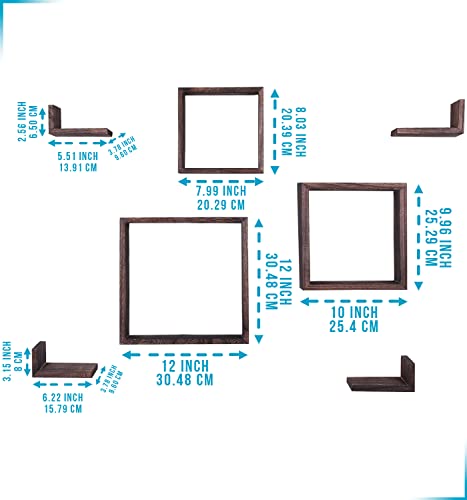 Comfify Rustic Wall Mounted Square Shaped Floating Shelves – Set Of 7 – 3 Square Shelves And 4 L-Shaped Rustic Shelves – Screws And Anchors Included – Rustic Wall Décor - Torched Brown #TOP1