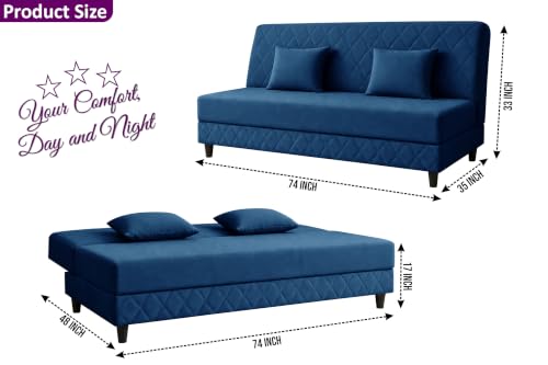Image of Velvet Fabric Sofa Cum Bed | 3 Seater Sofa Bed | Premium Upholstered Folding Couch for Living Room, Guest Room & Bedroom | Quilted Backrest with 2 Cushions (Blue)