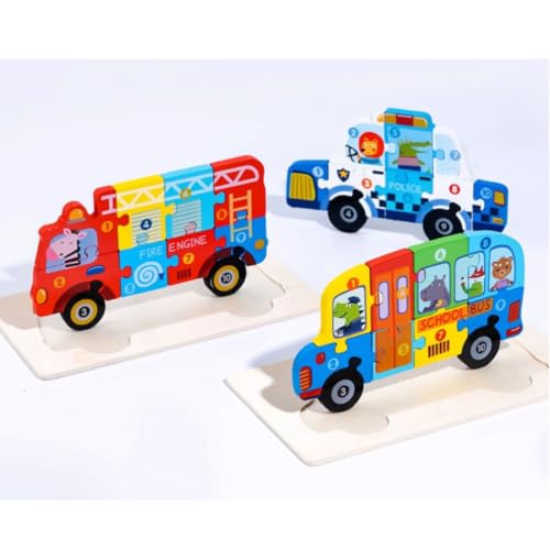 Rompecabezas formas 3D de madera con autobús escolar y camión de bomberos infantil 4