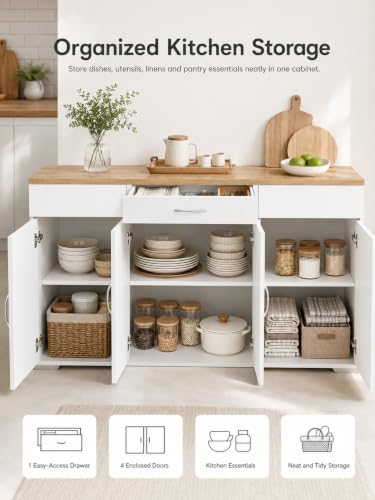 Miniatura 10 de Amveya Mueble Auxiliar De Cocina, Aparador Cocina Blanco, Armario Blanco Con 1 Cajón Y 4 Puertas