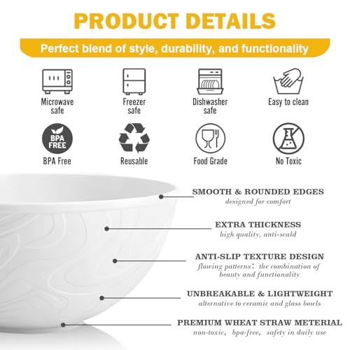 Image of Wheat Straw Cereal Bowls 40 OZ, Unbreakable Bowls Set of 6, Microwave & Dishwasher Safe Bowl for Kitchen, Reusable Plastic Bowl for Cereal, Soup, Salad and Ramen, White
