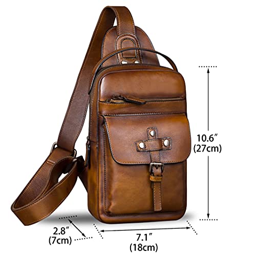Ivtg Genuine Leather Sling Bag Chest Shoulder Fanny Bag Hiking Backpack Vintage Handmade Crossbody Daypack (Brown) #TOP4