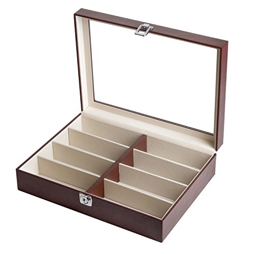 JackCubeDesign Leather 8 Compartments Eyeglass Display Organizer Eyeglasses Sunglass Storage Case Box Eyewear Tray Stand Suede Inside with Acrylic Cover(Brown, 17.4 x 6.7 x 1.97) – :MK379B