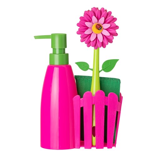 Vigar - Set Fregadero - Pack Soporte, Cepillo Lavaplatos, Esponja - ‎7 x 14 x 26.5 cm - Flower Power - Con Dispensador - Bandeja de 3 Piezas - Magenta