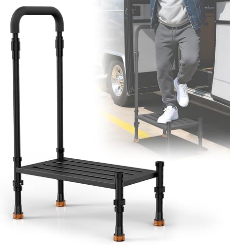 Adjustable Height Car Step Stool with Handrail for RV SUV & Truck - 4 Legs & Handrail Height Adjustable Heavy Duty 800 lbs Capacity Non-Slip Safety Step Assist for Elderly Seniors & Mobility Aid