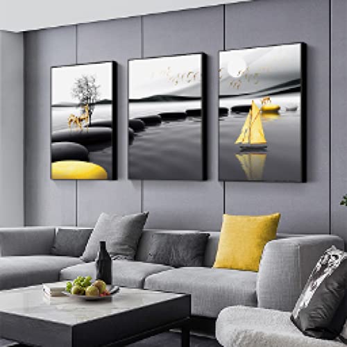 Peinture paysage cerf et bateau pour illuminer un salon sombre ou vide