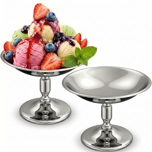 Image of Stainless Steel Dessert Cups, 2 Pcs 4 inch Sliver Footed Dessert Cups Mini Parfait Bowl for Sundae Snack Candy Fruit Ice Cream Pudding Yogurt Mousse Appetizer Bowl