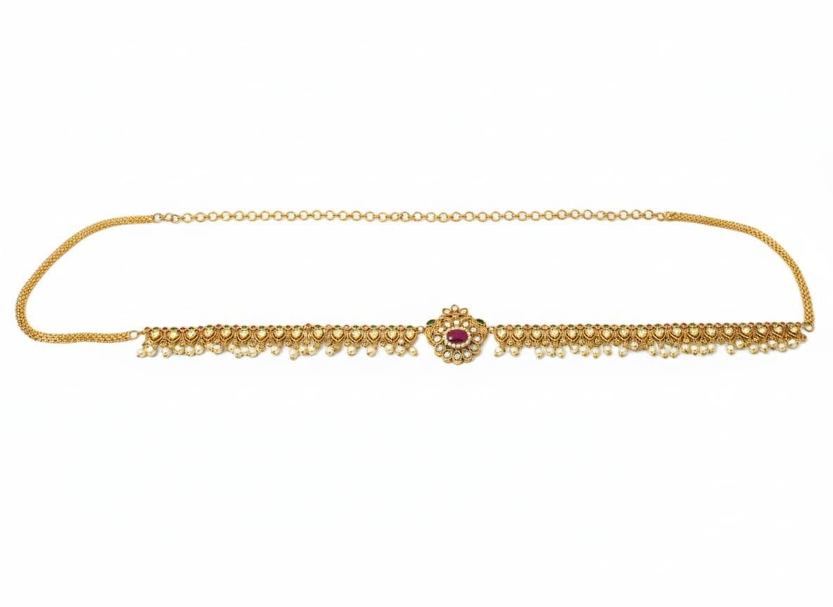 Traditional Gold-Plated Kamarband with Oval Ruby Centerpiece & Pearl Hangings for Women-image-36