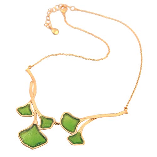 American Handmade Cast Artisan Glass & Gold-Plated Green Ginkgo Leaf Necklace2