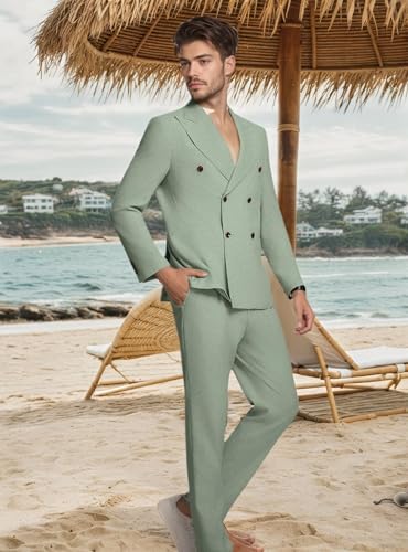 Mens Linen Suit 2 Piece, Mens Double Breasted Suit Tuxedo Slim Fit Linen Suits for Men Wedding Prom Summer Beach4