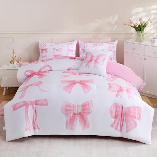 Image of DORCAS Bow Full Size Comforter Set for Girls,6 Pieces Bed in A Bag Pink Bow Bedding Sets with Sheets for Kids