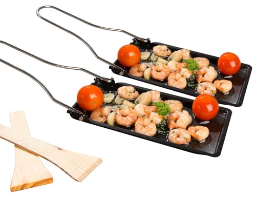 Rosenstein & Söhne Grillpfännchen: 2er-Set Grill-Pfännchen mit klappbarem Griff, spülmaschinenfest (Raclettpfännchen, Raclette Pfanne für Grill, BBQ)