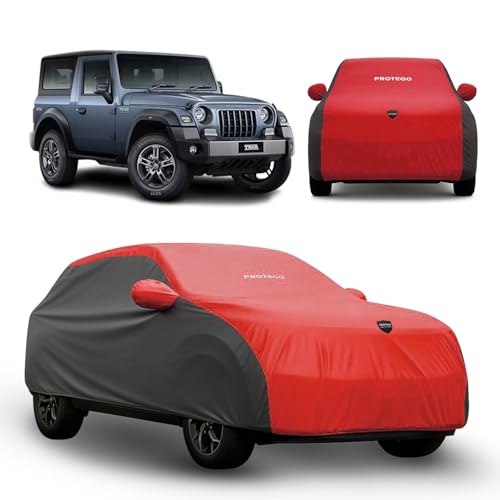 Image of PROTEGO Prime Series India's 1st Anti-Tear Car Cover for Mahindra Thar | Heavy Duty, Custom Fit, All Weather Protection | 100% Waterproof, Windproof & Hail Resistant | 2 Year Warranty | Red + Black