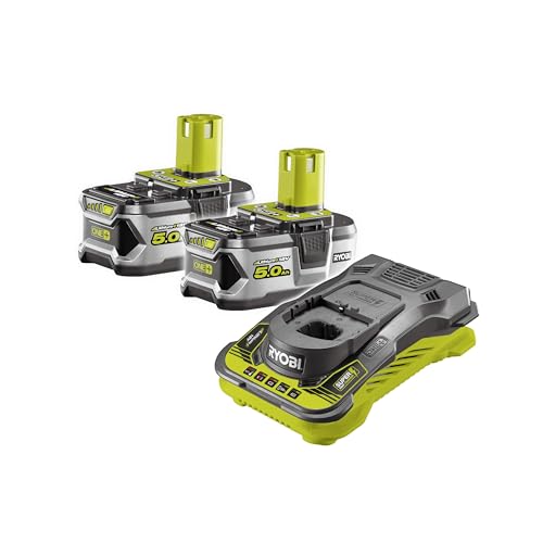 Ryobi Kit Batteria e Caricabatterie Originali 18V ONE+ con 2 Batterie 5,0Ah Lithium+ e Caricatore Rapido 5,0A, Tecnologia IntelliCell, Indicatore LED, RC18150-250G