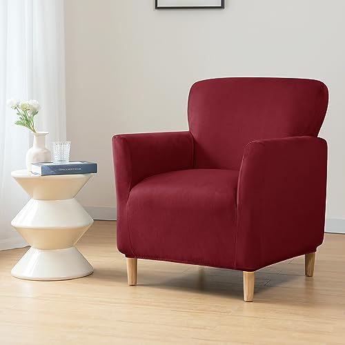 OKYUK Housse de fauteuil de banquet en velours de luxe avec accoudoirs, extensible, antidérapante, antidérapante, adaptée aux animaux domestiques (rouge vin)