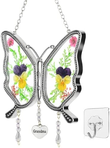 Gifts for Grandma Butterfly Suncatcher with Real Flowers Handmade Butterfly Wind Chime Gift for Grandma Nana Unique Birthday Gifts for Grandma Hanging Ornament for Wall Window Garden