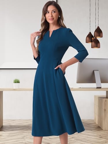 Image of Allegra K Womens 3 /4 Sleeve A-Line Business Work Formal Midi Dress | Elegant Dresses with Pockets, V Neck, Cockatail Party Church Funeral Outfits, Spring Fall Winter