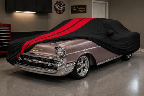 Image of SR1 Performance USA Indoor Car Cover for 1950-1957 Chevy Bel Air - Ultraguard Stretch Satin, Custom Fit Indoor Protection, Soft Breathable Dust Cover, Premium Show Car (Black with Red Stripes)
