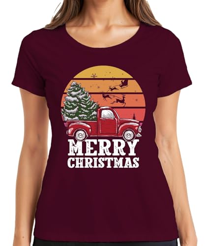 Merry Christmas Truck Árbol de Navidad - Camiseta de Navidad para mujer, granate, S