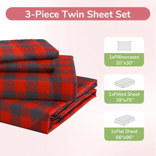 Image of MUXHOMO Twin Size 4 Piece Sheet Set, Soft Breathable Bed Sheet Set for Bedroom with Deep Pocket Up to 16 inch, Wrinkle-Free & Cooling Bedding for Oeko-TEX Certified - Red Plaid