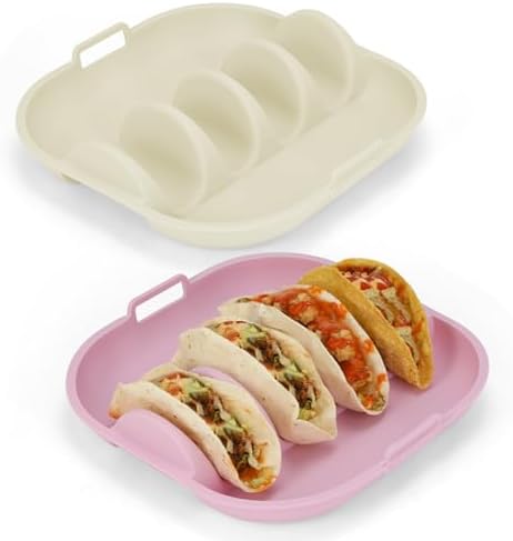 Silicone Taco Holder 2 Pack,Upgrade Reusable Taco Plates with Dividers,Fiesta Tacos Holder Tray.Taco Serving Plates, Dishwasher & Microwave Safe(2, WHITE+PINK)