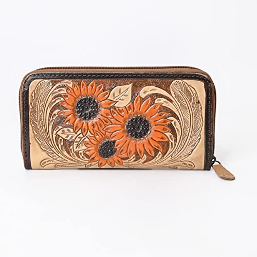 Western Go To Gear Sunflower Tooled Handmade Bifold Wallet (Tan & Orange)4