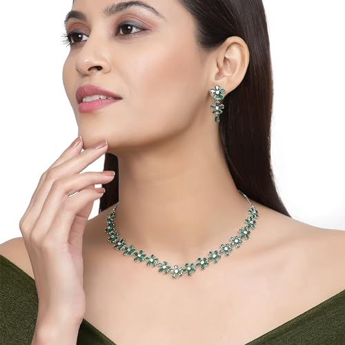 American Diamond Flower Jewellery Set (Green)