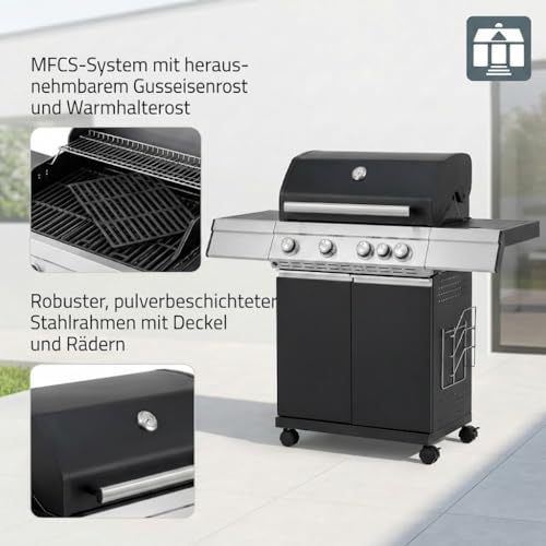 Foto von Tarrington House BBQ Gas-Grill PAXTON, 4-Brenner-Gasgrill mit Seitenbrenner, schwarz, Warmhaltegitter, 11kg Gasflasche für Outdoor, Balkon, Camping