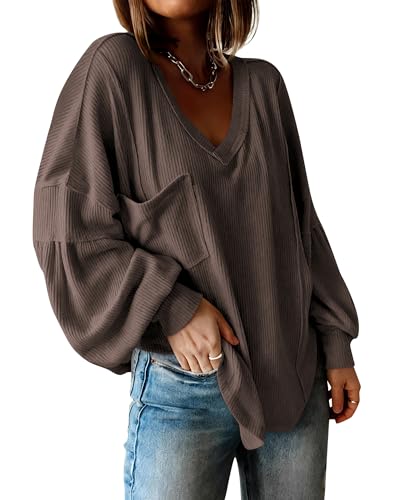 Image of BTFBM Womens Fall Fashion 2026 Long Sleeve Shirts Casual V Neck Ribbed Knit Blouses Pullover Trendy Loose Fit Tunic Tops