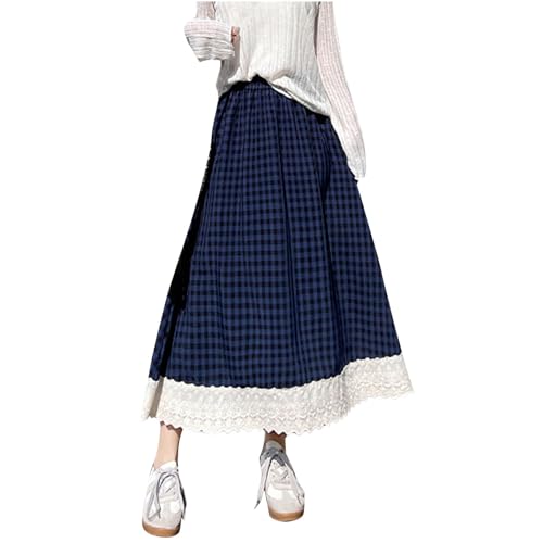 Long Plaid Skirts for Women Girls Cute Lace Eyelet Ruffle Hem Skirt Casual Elastic Waist Gingham Swing Midi Skirt