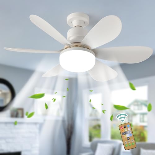 GEADI Screw in Ceiling Fan Light, 3 Wind Speeds 3 Colors Ceiling Fan, LED Lamp Small Fans for Bedroom E27 Socket with Remote Control, 52 cm White