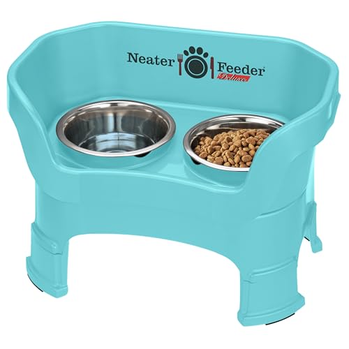 Neater Feeder Deluxe Mess-Proof Elevated Dog Bowls for Medium Dogs (19–40 lbs), 2 Height Adjustable (10” & 12.5”) No-Spill Raised Dog Bowl Stand, Stainless Steel Food Bowl Set, Made in USA, Aquamarine by Neater Pet Brands - Used condition - US$48.29