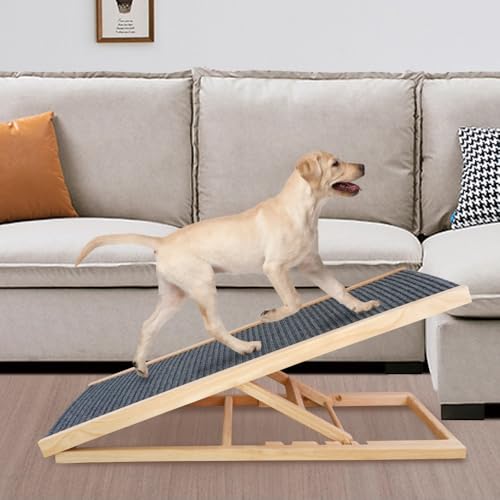 Emidor 傾斜した犬用登山用はしご、無垢材のペット用ランプ、高さ調節可能、折りたたみ式、滑り止め、頑丈、持ち運び可能、収納簡単、子犬、老犬、小型、中型、大型犬、猫に適しています (85*43*55cm)